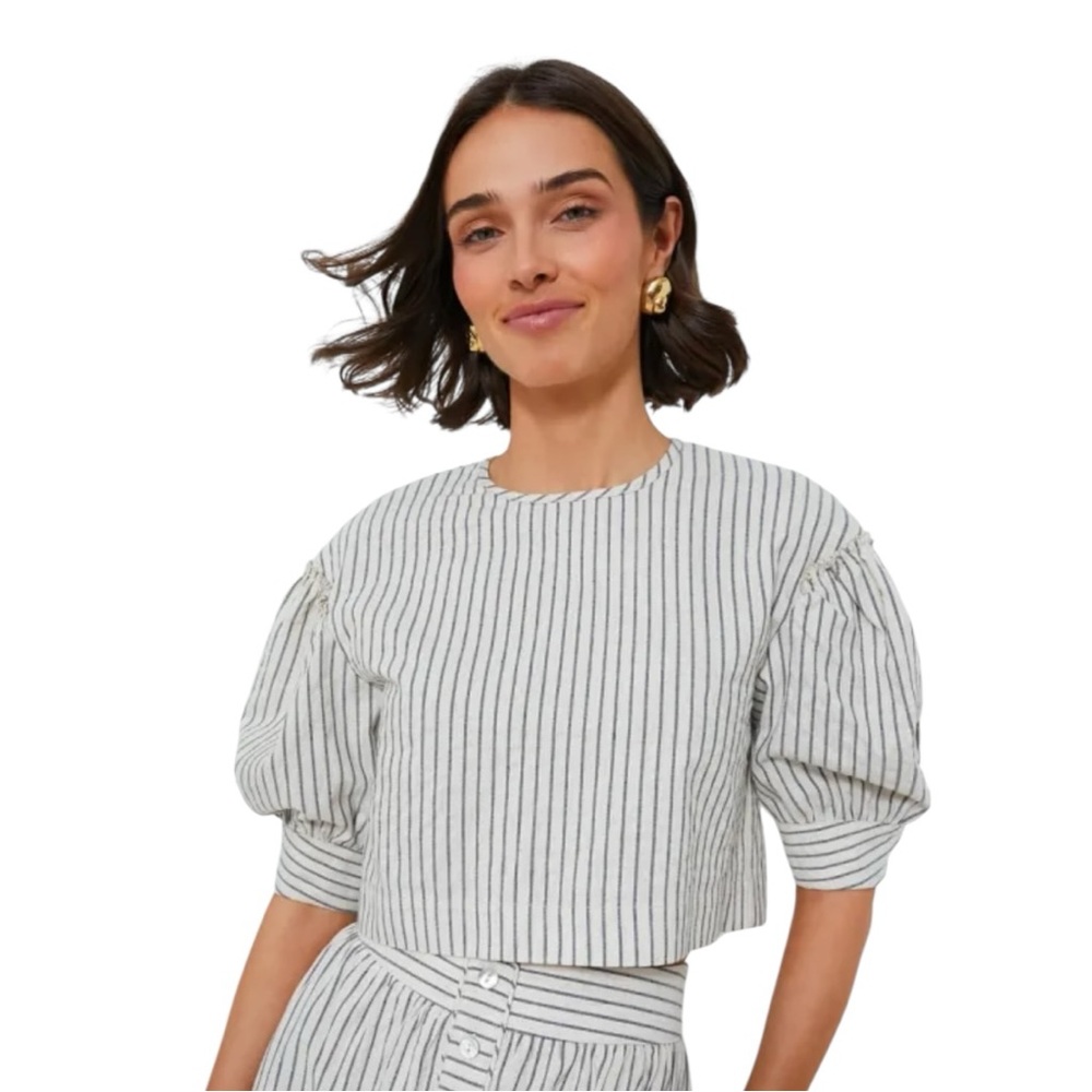 Tuckernuck Edie Linen Blue Stripe Crop Top Small